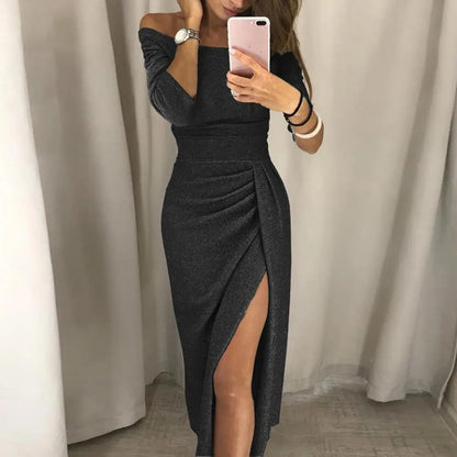 2024 Shiny Vintage Translucent Women Dress Pleated Bodycon Dress Sexy High Waist Lady Split Evening Dresses Elegant Party Dress