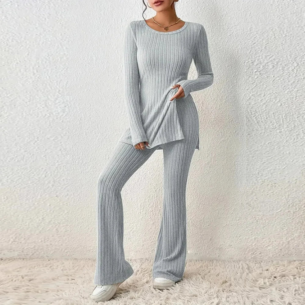 Tops + Trousers Sets for Women 2 Piece Outfit 2023 Autumn Winter Clothing Elegant Female Long Sleeve Shirt Wide Leg Pants Suit