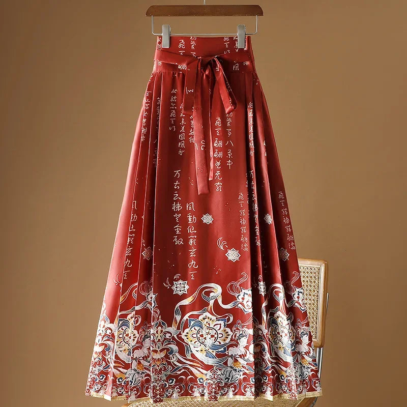 Maxi Chinese Style Horse Face Skirts Women Hanfu Vintage Harajuku Saia Casual Long Print Pleated Skirt Woman Clothing Faldas