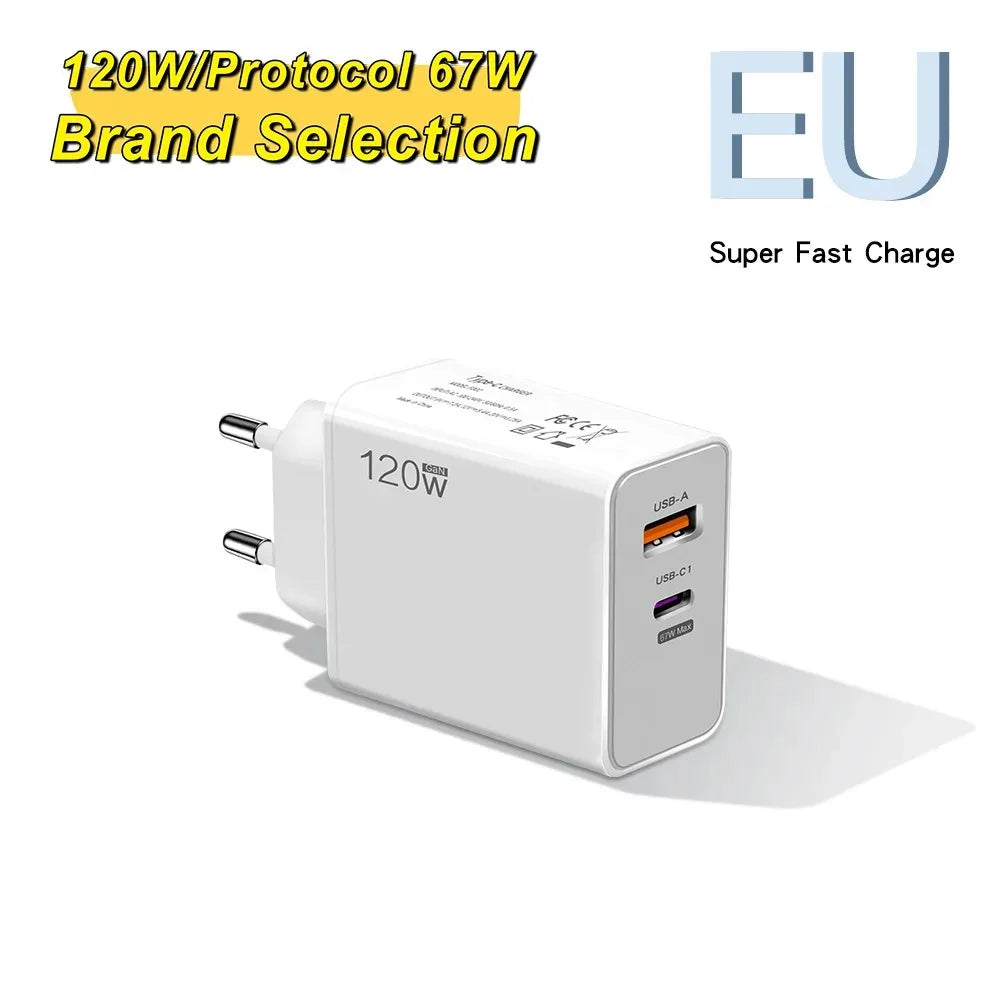 USB 120W Fast Charger Quick Charge 3.0 USB Fast Charging Phone Adapter PD Cable For Huawei Xiaomi Samsung Iphone US/EU charger