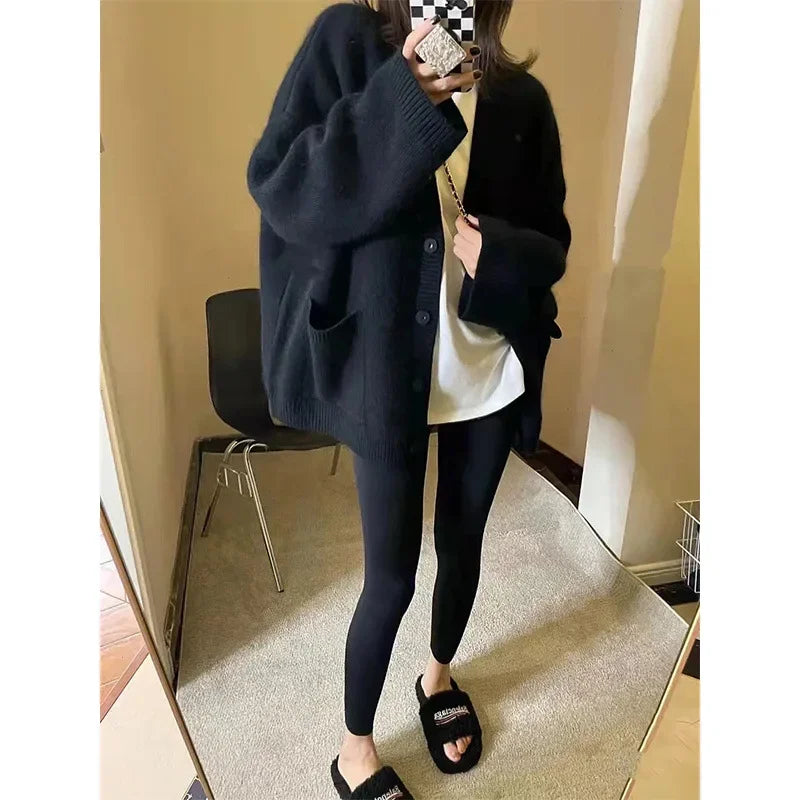 Black Knitted Cardigan Sweater Jacket Women's Early Spring 2024 New Loose Fit Idle Style Top For Women Crew Neck Pullovers