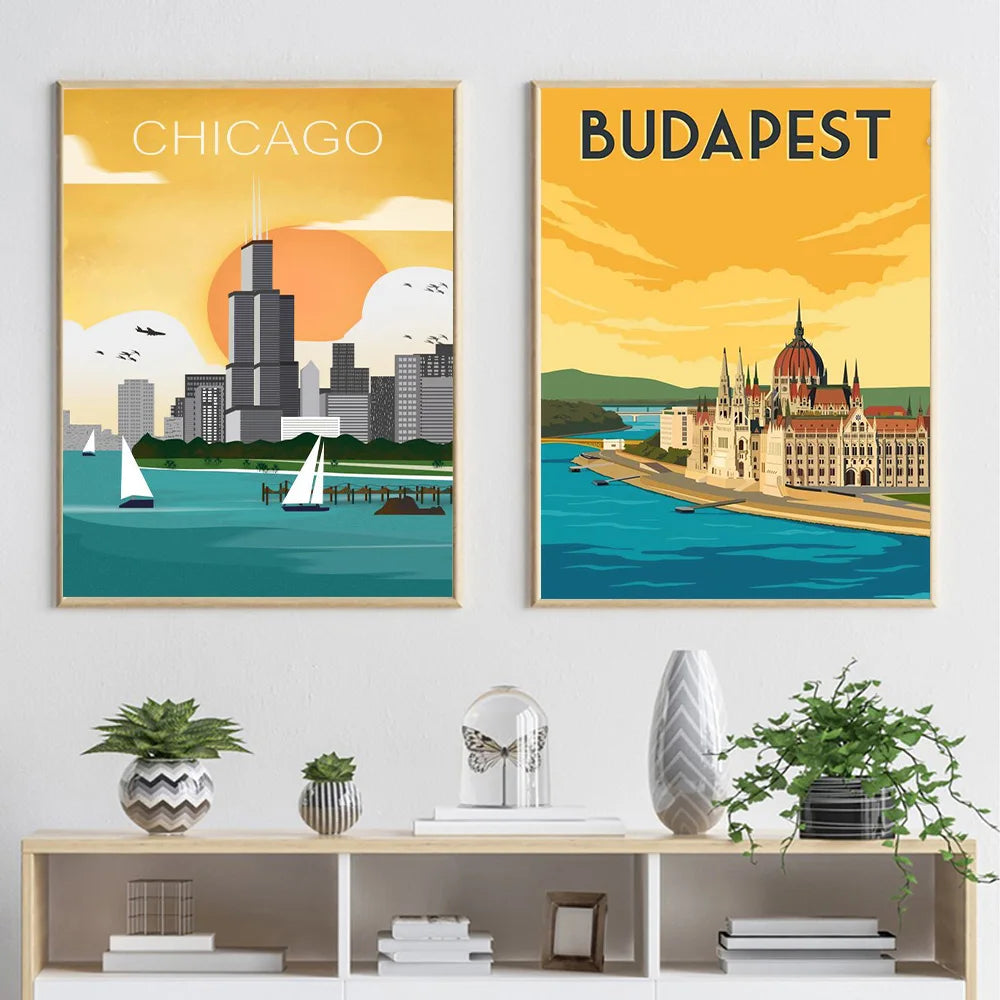 Modern Lyon Madrid Chicago Budapest Tourist City Wall Art Poster Prints Pop Living Room Home Decor Canvas Painting Mural Picture