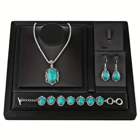 3pcs Women's Vintage Turquoise Bracelet Necklace Earrings Set, Healing Stone Decoration Gift(Without Box)