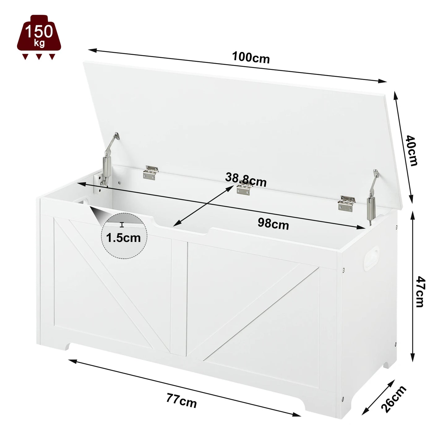 Baúl de juguetes de 76 l, banco de almacenamiento de 100 x 47 x 40 cm, banco para zapatos con 2 bisagras de seguridad para entrada, sala de estar y dormitorio