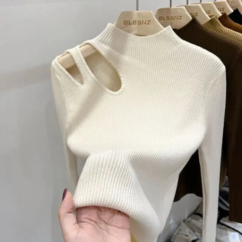 2024 Jumpers Autumn Winter Knitted Women's New Fashion Versatile Sweater Half High Neck Long Sleeve Tight Bottom Shirt Pullovers