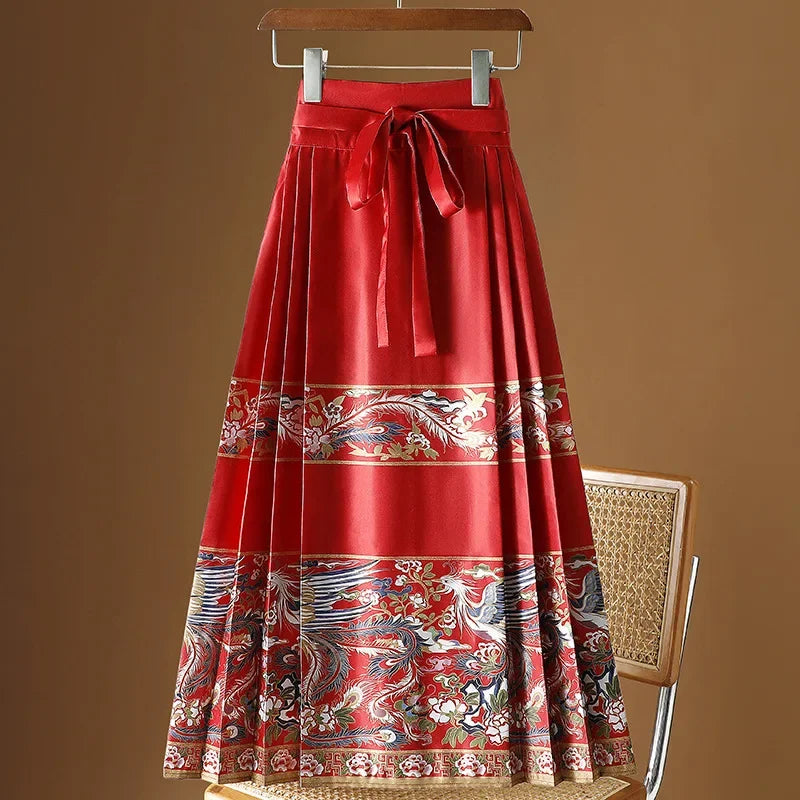 Maxi Chinese Style Horse Face Skirts Women Hanfu Vintage Harajuku Saia Casual Long Print Pleated Skirt Woman Clothing Faldas