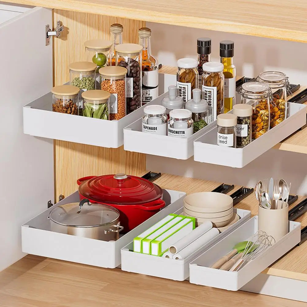 Pull Out Cabinet Organizer Kitchen Expandable Storage Box with Divider Racks Slide Out Drawers for Kitchen Cabinets Spice Shelf