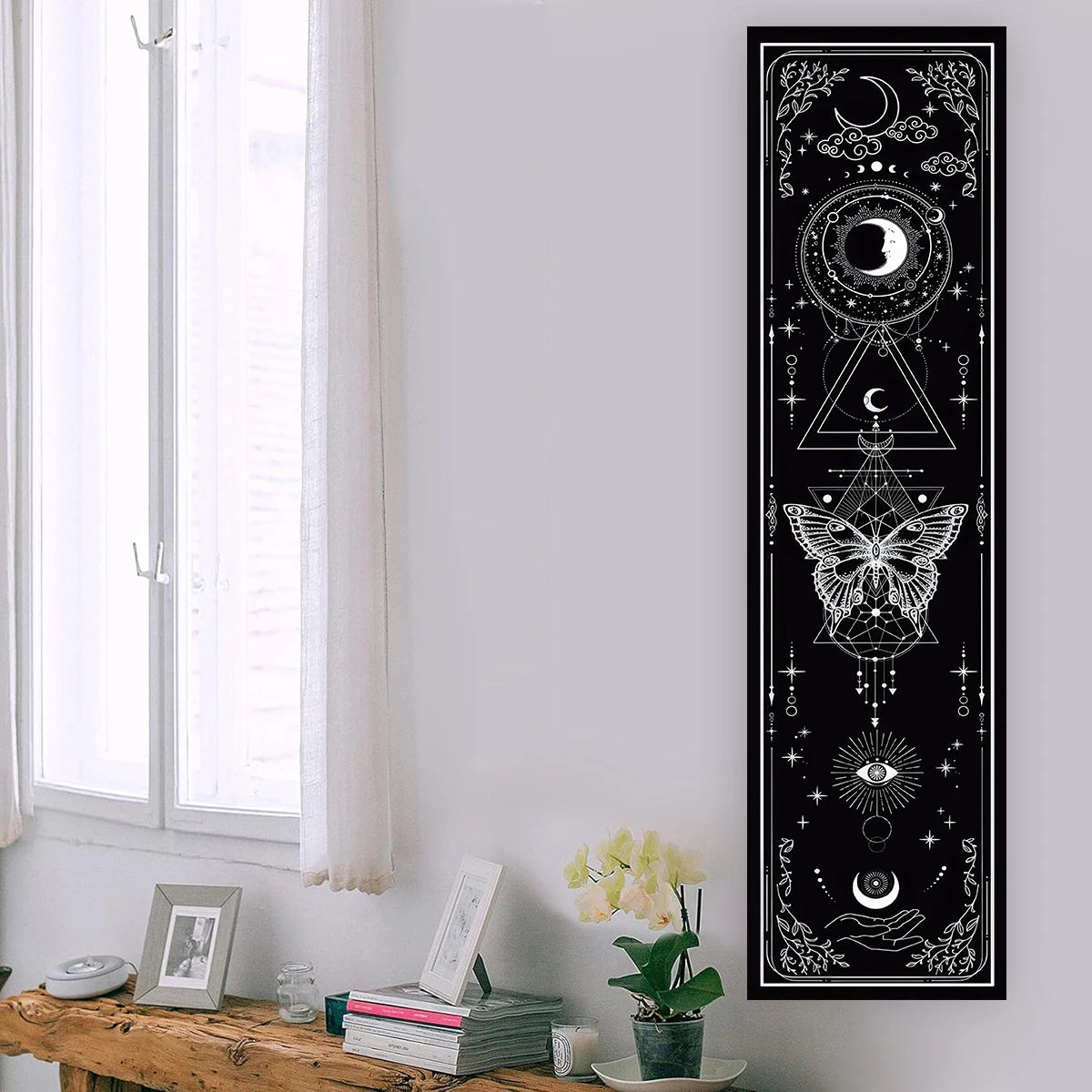 Gothic Witchy Sun & Moon Vertical Tapestry Black And White Butterfly Wall Hanging For Living Room, Bedroom Aesthetic Home Decor