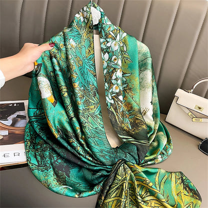 Women Fashion Print Silk Scarf Luxury Brand Warm 180X90CM Scarves Popular Lrage Satin Finish Shawl The Four Seasons Design Hijab