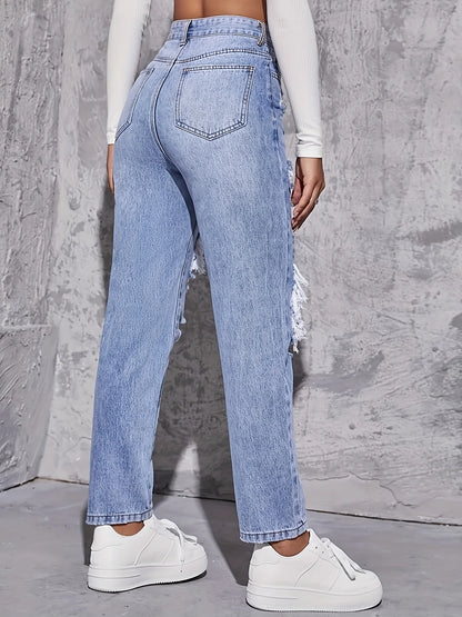 American Retro Hole-punched Jeans Women High Waist Straight-crotch Loose Slim Design High-street Vibe Wide-legged Dragging Pants