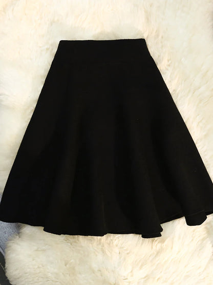 Syiwidii Skirts for Women Knitted Ruffled Vintage Solid Casual Elastic Waist Skirts 2024 Elegant Female A-Line High Waist Skirts