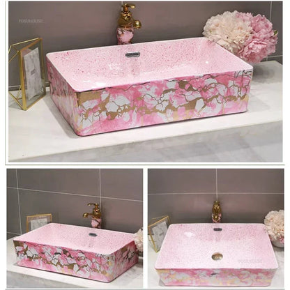 Nordic Pink Bathroom Sinks Simple Retro Above Counter Basin Art Ceramic Wash Basin Home Hotel Bathroom Washbasins Single Basin D