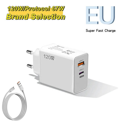 USB 120W Fast Charger Quick Charge 3.0 USB Fast Charging Phone Adapter PD Cable For Huawei Xiaomi Samsung Iphone US/EU charger