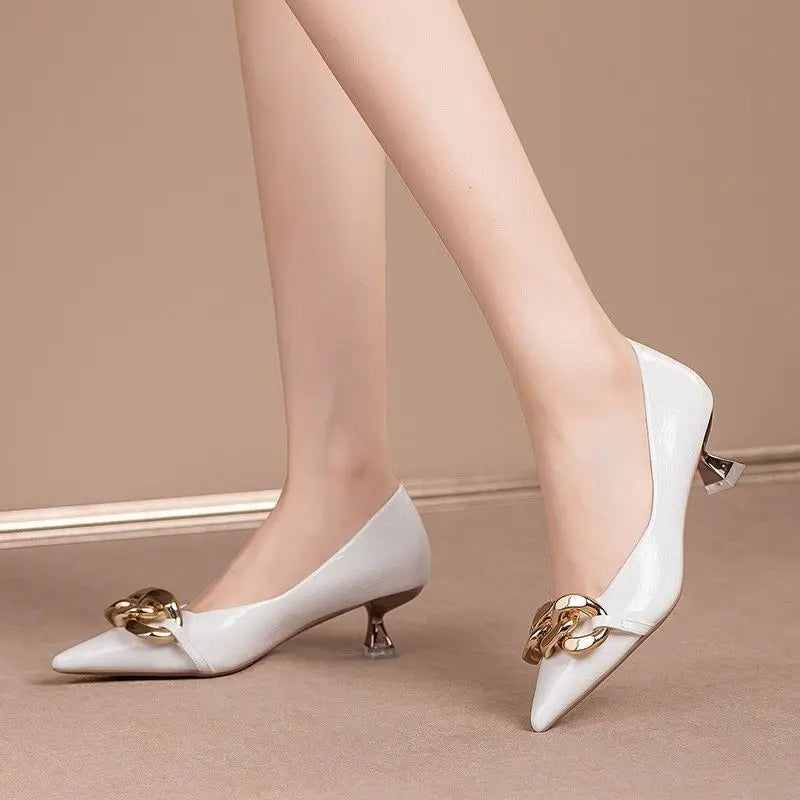 Fashion Women Shoes Pointed Toe Pumps Low Heel Metal Chain Woman High Heels Black Soft Leather Ladies Work Dress Shoes