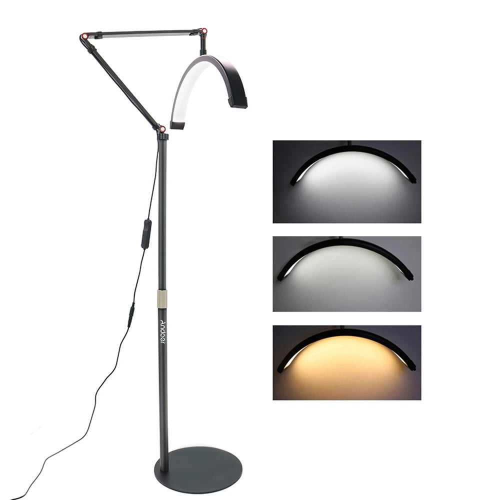 Andoer HD-M2X 20W Floor LED Video Light Half-moon Shaped Fill Light 3000K-6000K Dimmable with Adjustable Metal Light Stand