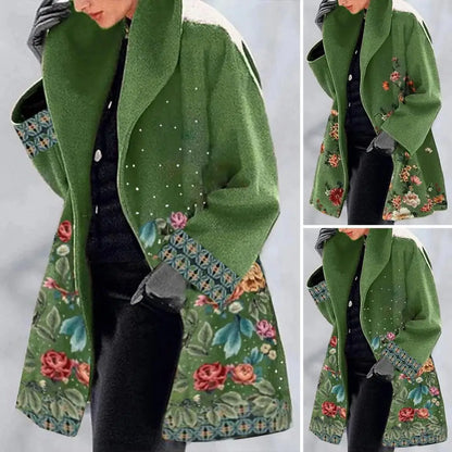 2023 Winter Women Elegant Blend Wool Coat Autumn Street Lady Long Cardigan Coats Fashion Floral Print Pocket Long Sleeve Jacket