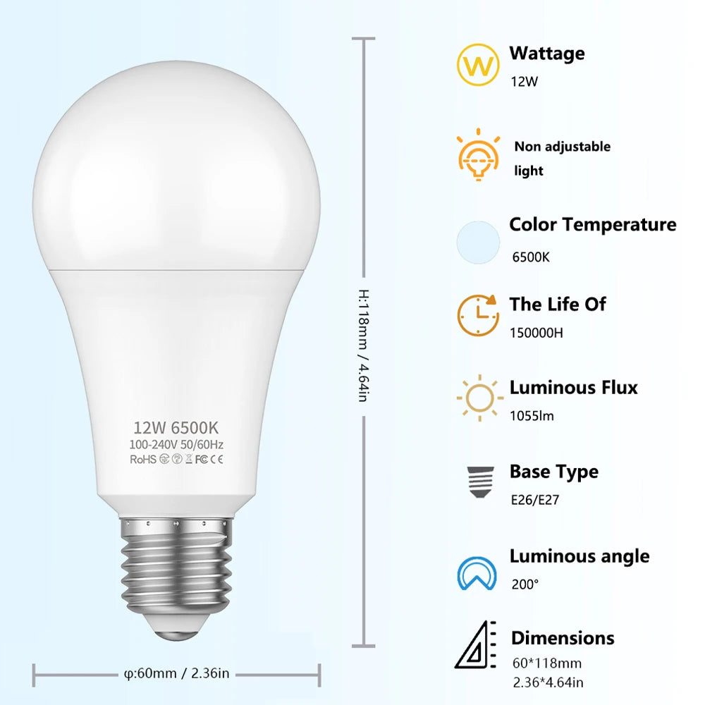 A19 LED Light Bulb, E27/E26 Base, 6500K, Home Lighting Energy Saving Eye Protecting Light Bulb for Bedroom, Living Room, Home