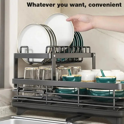 Dish Drying Rack Adjustable Kitchen Plates Organizer with Drainboard Over Sink Countertop Cutlery Storage Holde