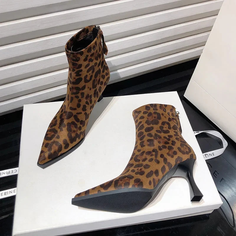 Leopard Print Women Ankle Boots Fashion Elegant Dancing Party Prom Shoes High Heel Women's Modern Short Booties