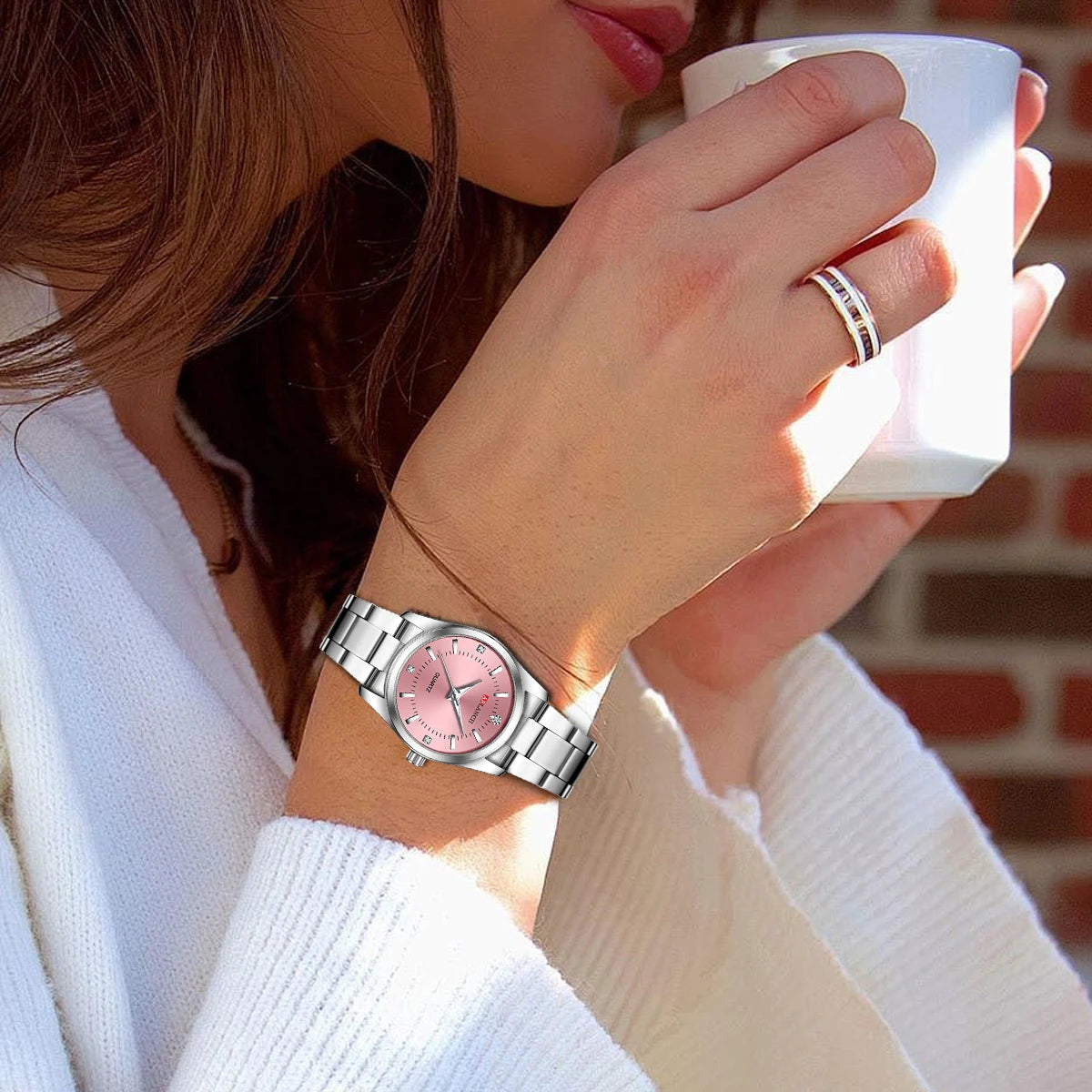 Luxury Women's Watch 29mm Fashionable Stainless Steel Rhinestone Pink Minimalist Girl Clock Outdoor Travel Women Wrist Watches