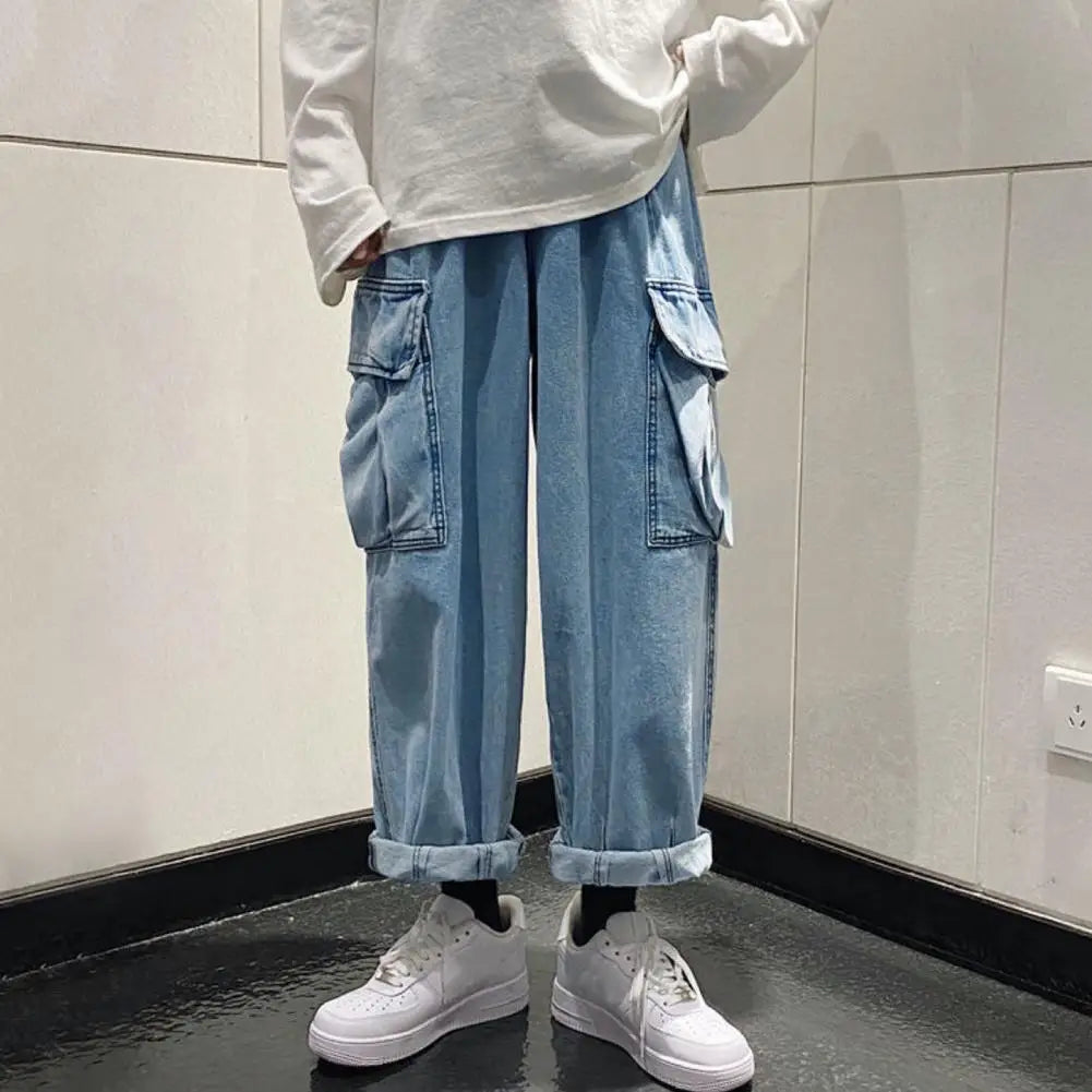 Denim Fabric Men Trousers Retro Loose Fit Cargo Jeans for Men with Multi Pockets Straight Wide Leg Denim Pants Streetwear Style