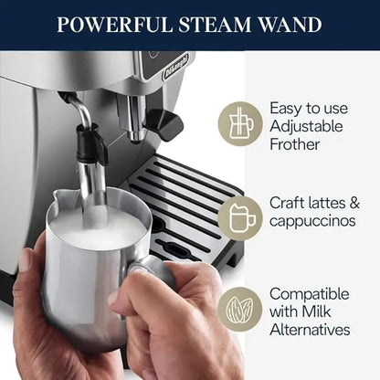 Start Automatic Espresso & Coffee Machine with Manual Milk Frother for Latte, Cappuccino, Built-in Grinder, Silver