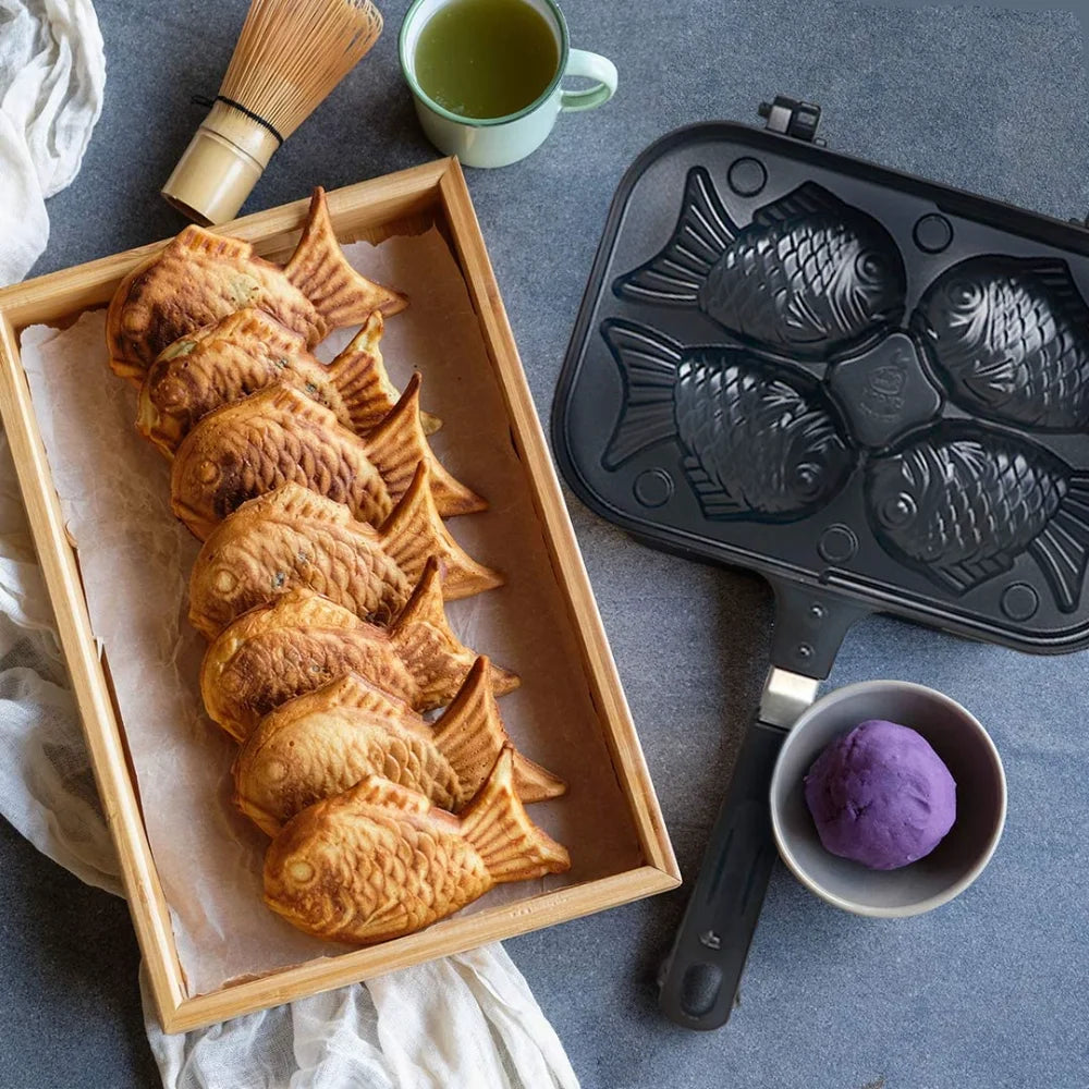 Kitchen Japanese Taiyaki Double Fish Shaped Hot Dessert Waffle Cake Maker Pan Japanese Pancake Double Pan Fry Pan Waffle Molds