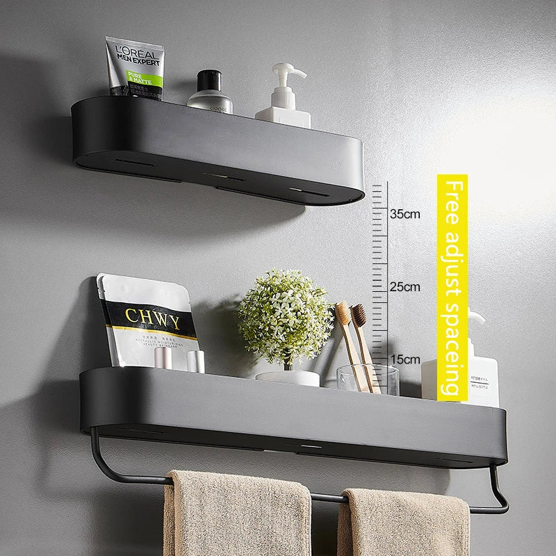 Black Bathroom Shelf Shower Basket Kitchen Storage Rack With Towel Bar Cosmetics Wall Shelves Bathroom Accessories