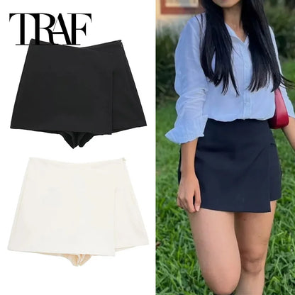 TRAF 2024 Asymmetric Skort For Women Black High Waist Mini Skirt Shorts Women Casual Bermuda Shorts Woman Summer Skirt Shorts