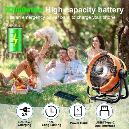 Camping Fan Portable Electric Fan 20000mAh Rechargeable Desktop Air Circulator Wireless Ceiling Electric Fan with Power Bank