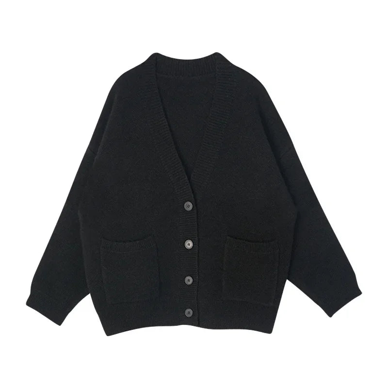 Black Knitted Cardigan Sweater Jacket Women's Early Spring 2024 New Loose Fit Idle Style Top For Women Crew Neck Pullovers