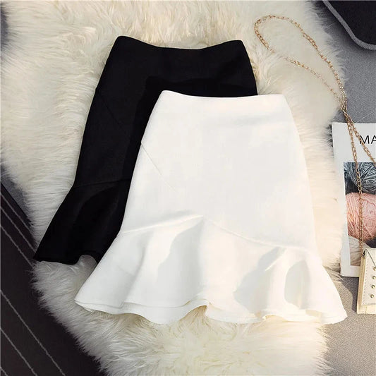 MEXZT Elegant Ruffles Mini Skirt Women Korean High Waist Wrap Mermaid Skirts Ladies Fashion Black White Trumpet Skirt Summer New