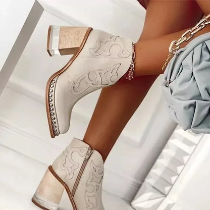 Female Ankle Boots  Leather Women's Shoes Low Heel Cool British Embroidered Design Soft Short Boots Party Ladies Footwear PU 024