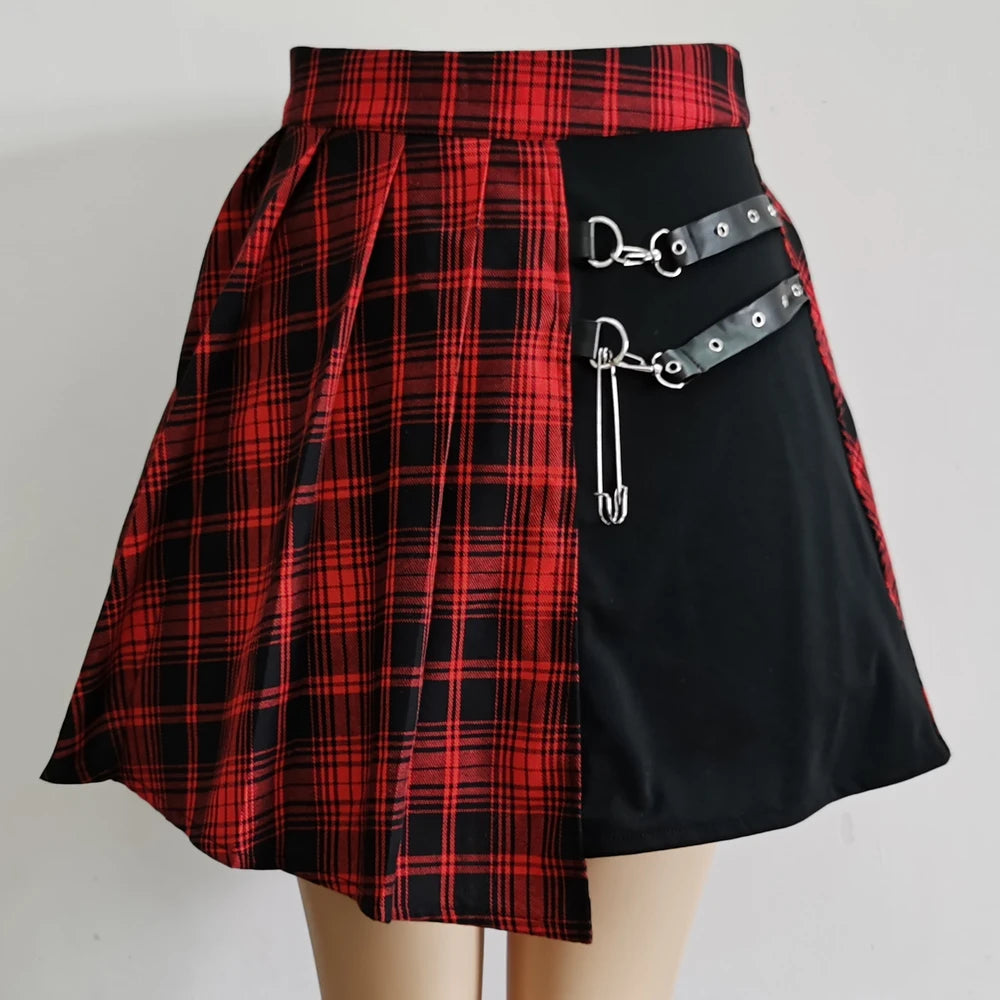 FICHOR Mall Goth Gothic Lace Ruffle Mini Skirts Womens Harajuku Fairy Grunge Pink Plaid Pleated Skirt Japanese Lolita Streetwear