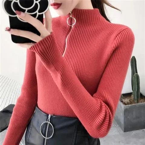 Knitted Women Zipper Half High Neck Sweater Pullovers Autumn Winter Basic Women Sweaters Slim Solid Knitwear Pull Femme Tops