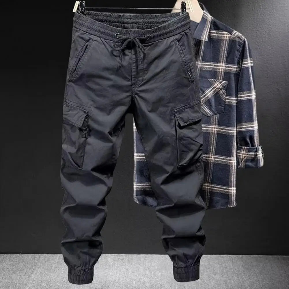 Loose Pants Men's Drawstring Cargo Pants with Elastic Waist Multi Pockets Soft Breathable Streetwear Trousers for Daily Sports