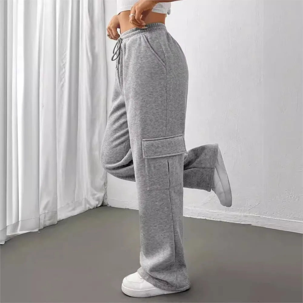 Women's Casual Sports Pants 2024 Autumn/winter Lady Fashionable Side Pocket Versatile Solid Color Straight Sweatpants Trousers