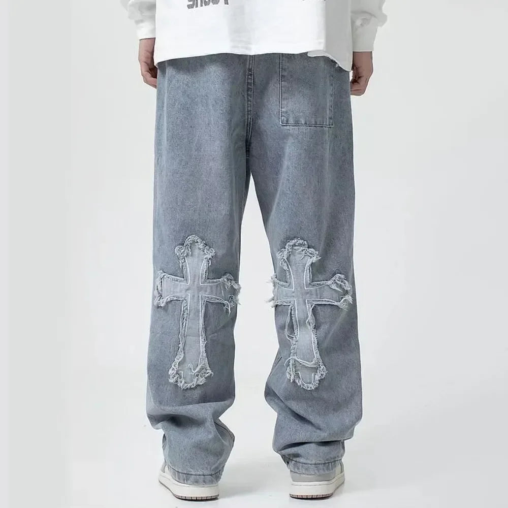 2023 Fashion Trousers Cross Denim Pants Streetwear Hip Hop Low Rise Baggy Jeans For Men Korean Y2k Women Cargo Pants Punk Clothe