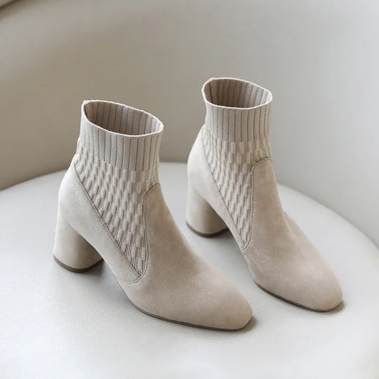 Pointed Ankle Boots Winter Women New Casual Chelsea Boots Women Medium Heel Knitted Sock Boots Women Faux Suede Female Heels