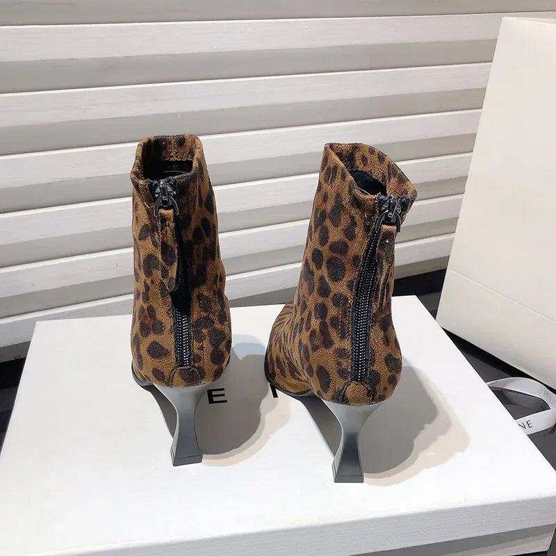 Leopard Print Women Ankle Boots Fashion Elegant Dancing Party Prom Shoes High Heel Women's Modern Short Booties