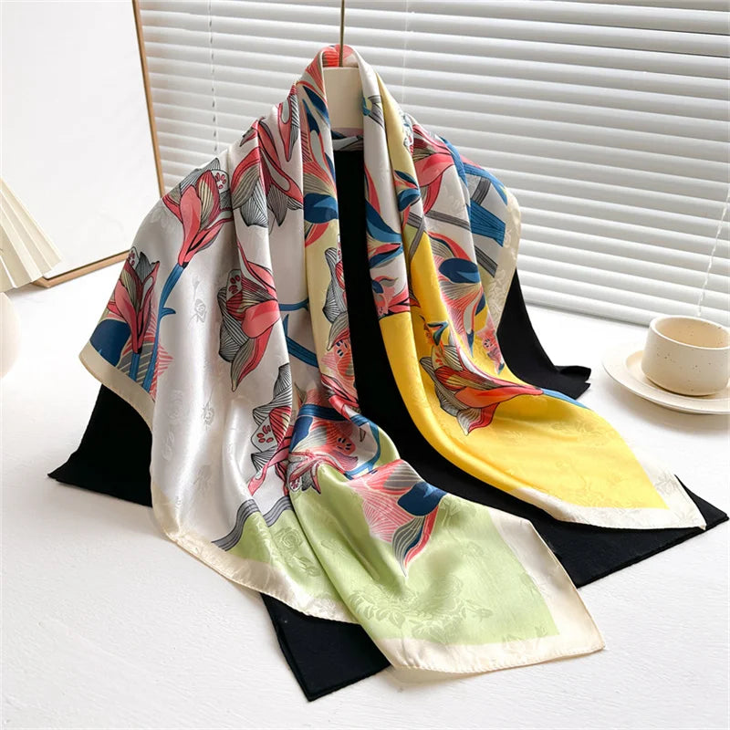 90*90Cm Square Scarf Twill Silk Feeling Women Head Shawls and Wraps Luxury Hair Tree Print Neck Scarves Hijab Bandana Pashmina