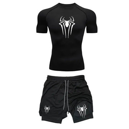 Men's Workout Compression Set Y2K Spider Printed Gym Tshirts Breathable Running Shorts Quick Dry Sports Rash Guard Sportwear Set