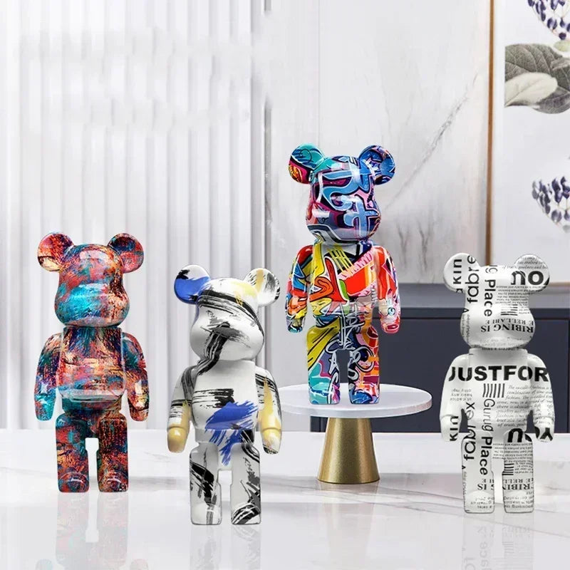 27cm Graffiti Bear Statue Paint Block Bear Decor Resin Desktop Ornaments Home Decoration Living Room Bear Floor Sculpture Gifts