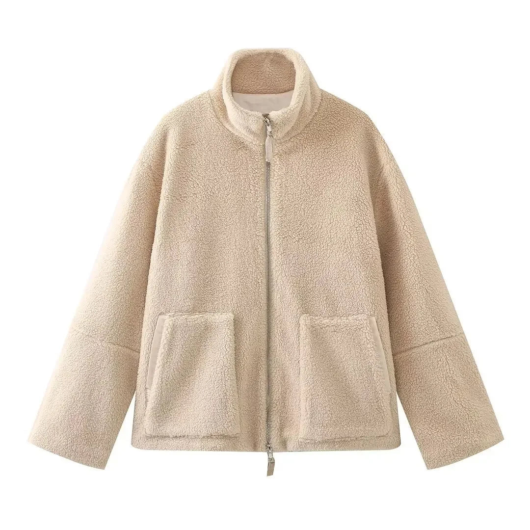 Winter Lamb Wool Jacket Women Fashion Stand Collar Zipper Pocket Long Sleeve Warm Velvet Coat Streetwear Female Outerwears