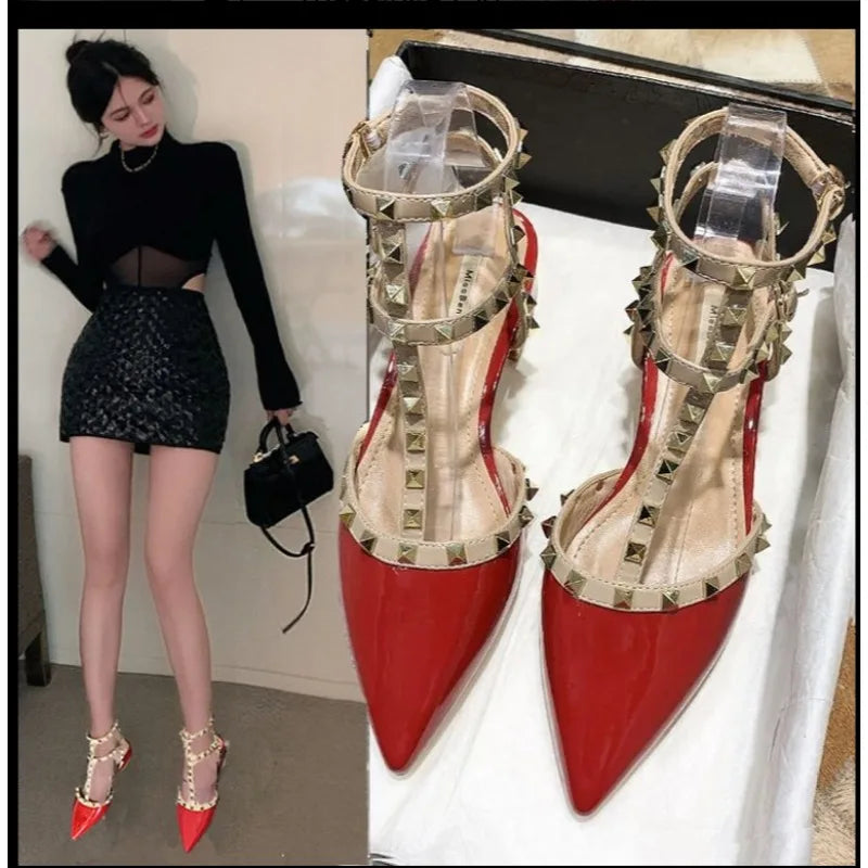 2024 Summer high-heeled women's sandals Fashion brand design pointed rivet red casual shoes