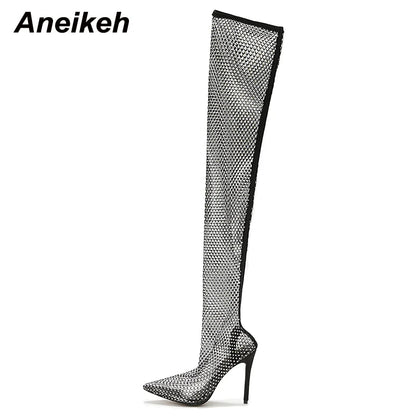 Aneikeh Sexy Bling Rhinestone Mesh Shoes Over The Knee Boots Women Pointed Toe Sandals Nightclub High Heels Botas Femininas 2024