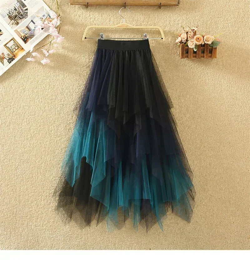 Fashion Summer Tutu Women Skirt Harajuku Tulle Bottom Faldas Casual High Waist Midi Mesh Skirts Woman Clothes Saia Jupe Femme