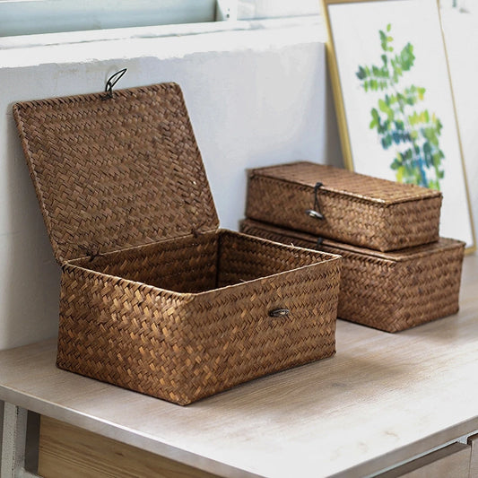 Seaweed Organizers Storage Basket Hand-woven Storage Box Sundries Organizer Cosmetic Toy Basket with Lid Clothes Container