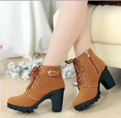 Winter  High Heeled Women Boots Cross Straps Short Boots Comfortable Waterproof Boots Warm Plus Size 42 Botas Femininas