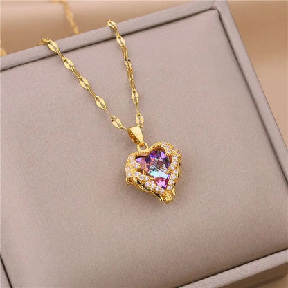 Top Luxury Colorful Crystal Ocean Heart Pendant Necklace For Women Trendy 316L Stainless Steel Jewelry Female Wedding Neck Chain